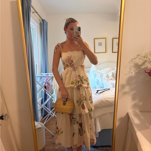 Petal & Pup Dresses & Skirts - Petal & Pup Cream Floral Tie-Shoulder Tiered Maxi Dress